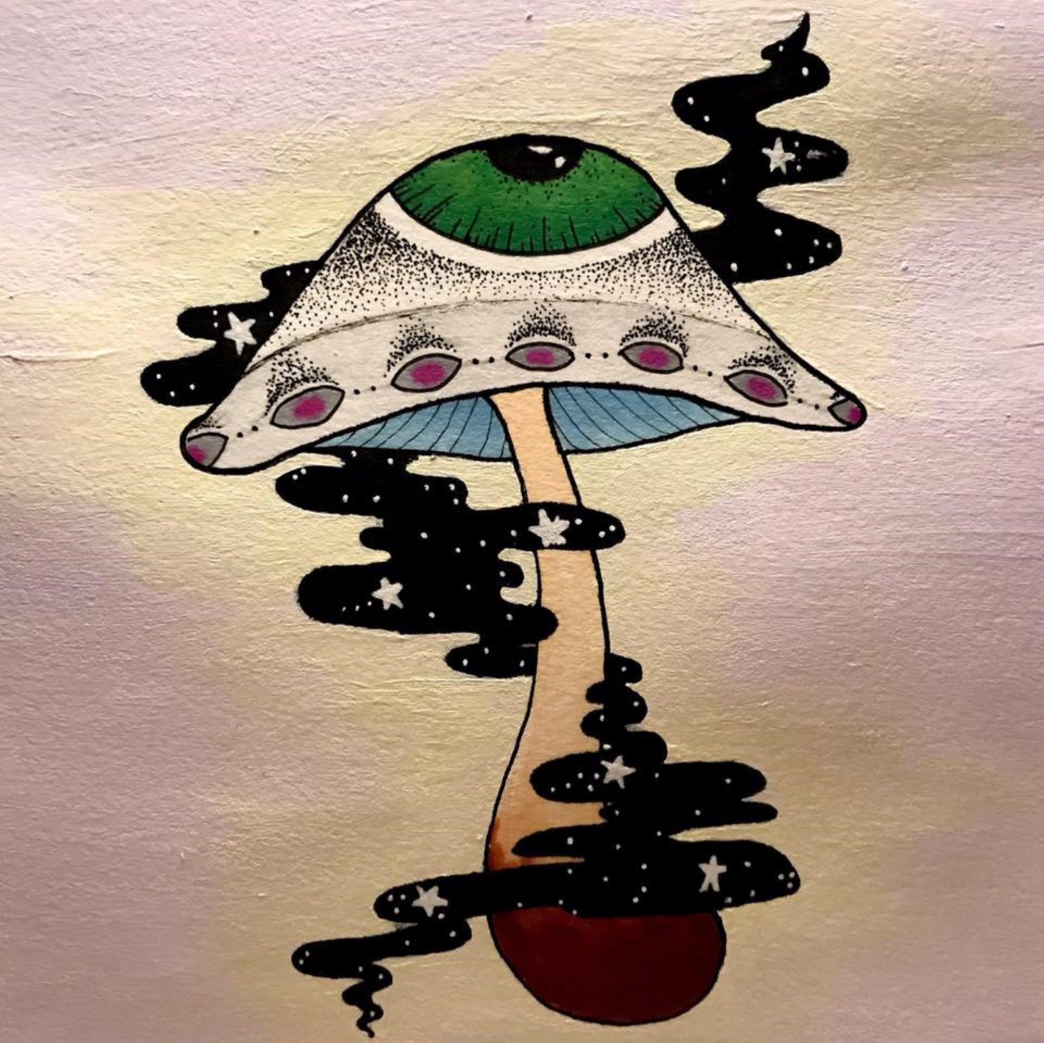 a drawing of a mushroom with a green eye and other decorations. cartoonish black smoke swirls around it from bottom to top and little white dots and stars fill the smoke to make it look like night sky. there is a faint light purple and yellow background. 
