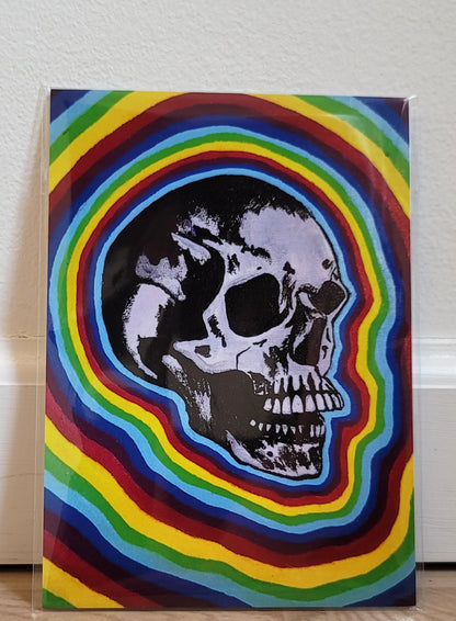 painting of a skull with a rainbow background