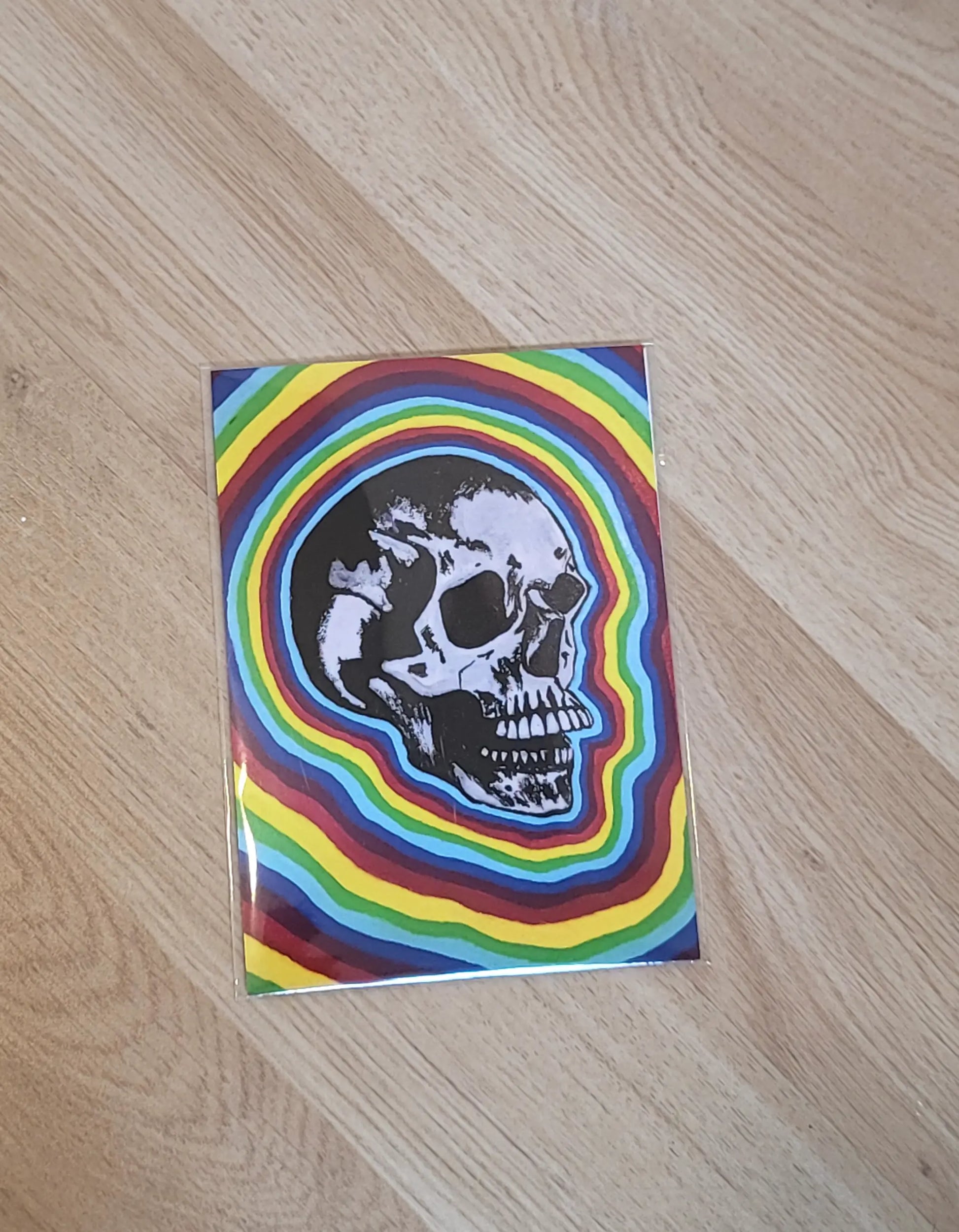 painting of a skull with a rainbow background