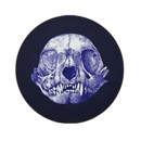 Cat skull drawing tinted purple, over a black circle. 
