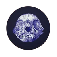 Cat skull drawing tinted purple, over a black circle. 