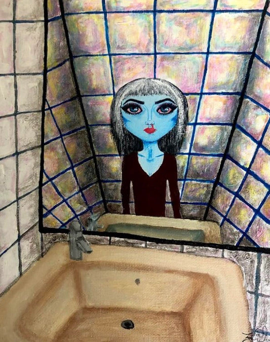 Painting of a girl with blue skin looking at the viewer from the other side of the mirror, as if she was the viewer's reflection. The tiled wall on her side is more colorful but dirtier. There is a sink in front of the mirror.