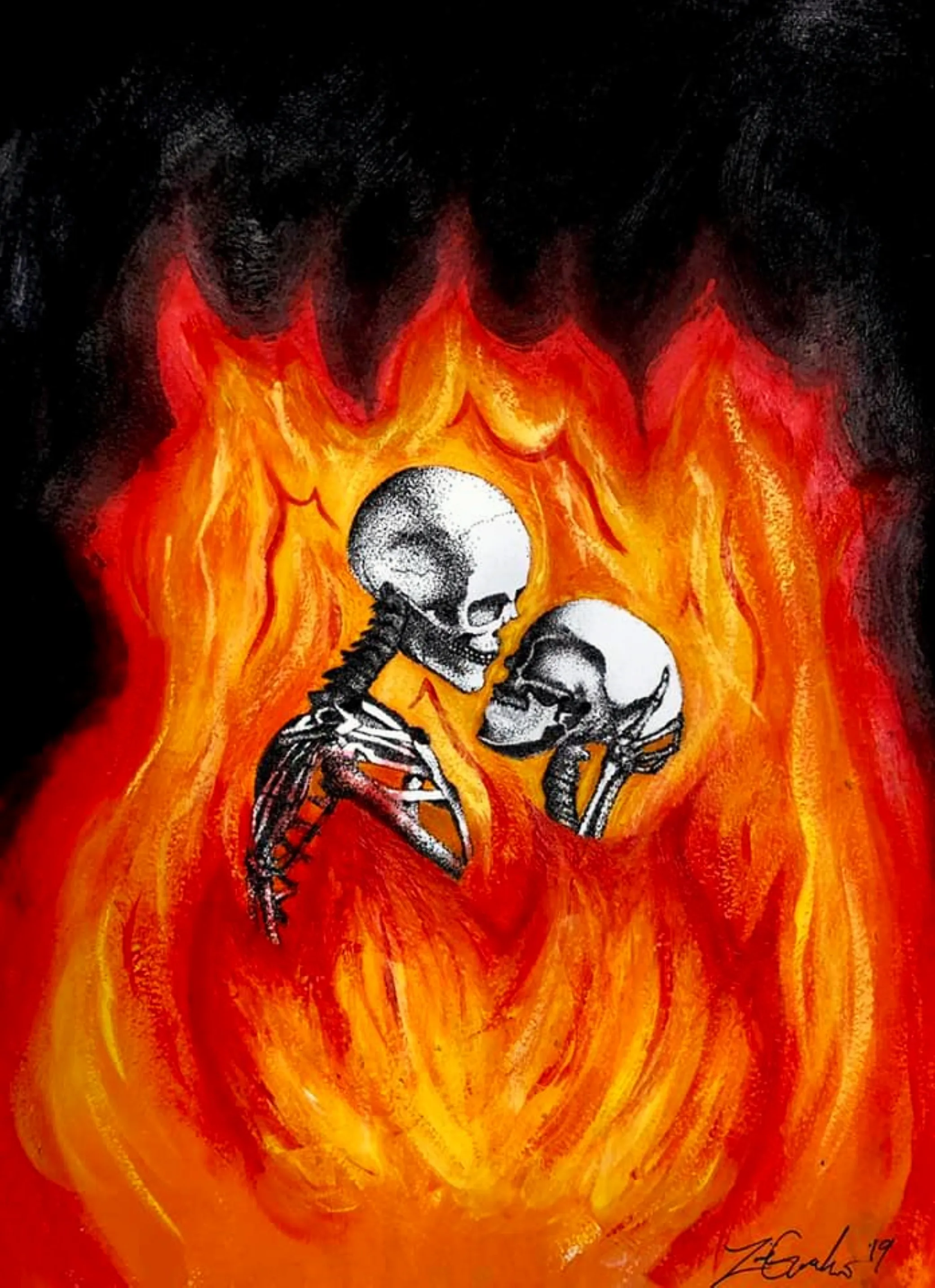 Stippled dot work style drawing of two skeletons embracing and about to kiss. They are surrounded by painted bright orange and red flames