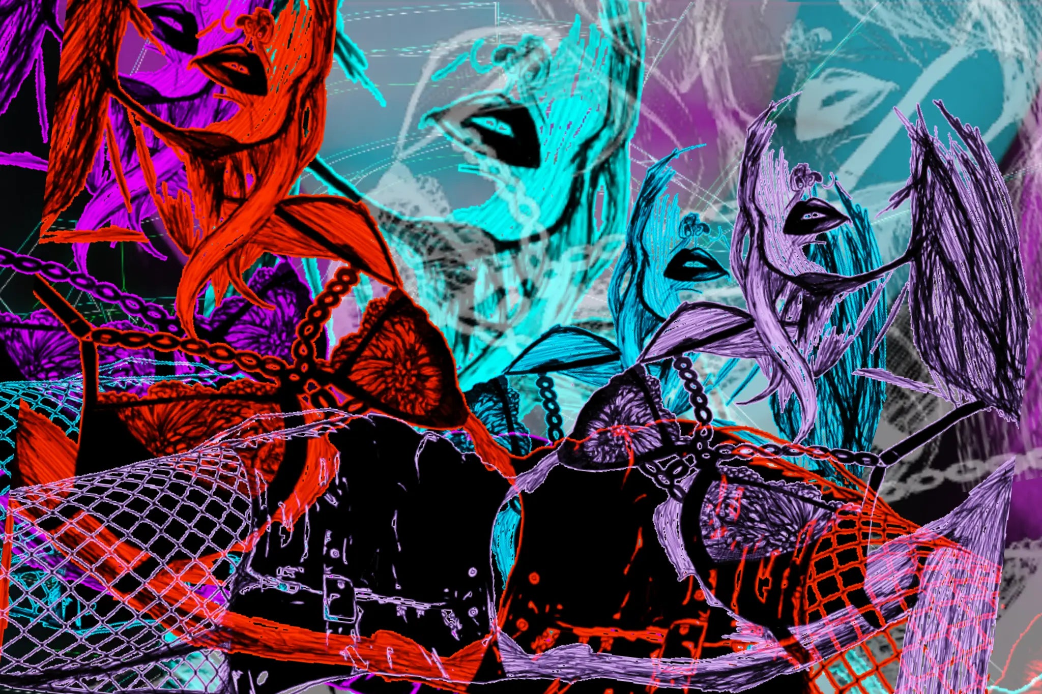Sketch of a woman laying down propped up on her elbow, replicated in red, blue, purple, pink, white, and black.    