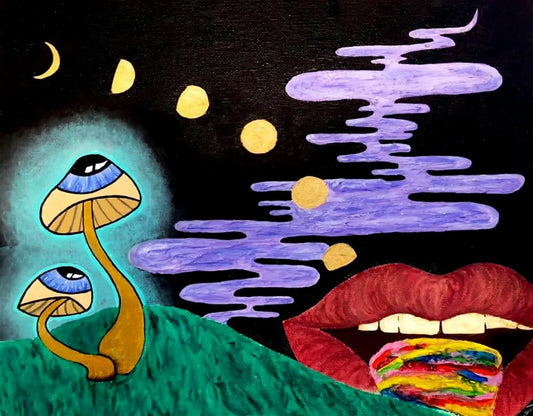 Bright, colorful painting on black background. To left, two glowing mushrooms have blue eyeballs on their caps. To the left are red lips with a rainbow tongue sticking out. Thin purple hazy smoke floats up to the top in the center.