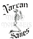 Digital design with a kneeling skeleton in  the center, drawn in dot-work (stippling). In old-english font, text at the top says "Narcan" and bottom says "Saves"