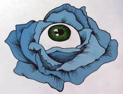 Original drawing of blue rose with eyeball in center