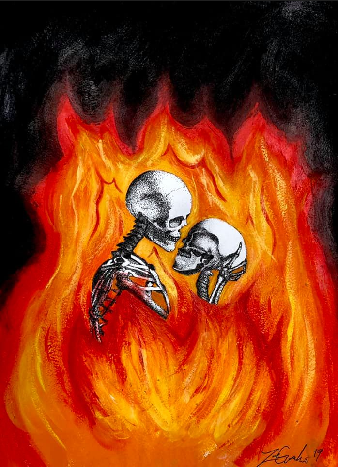 stippled dot work style drawing of two skeletons embracing and about to kiss. they are surrounded by painted bright orange and red flames