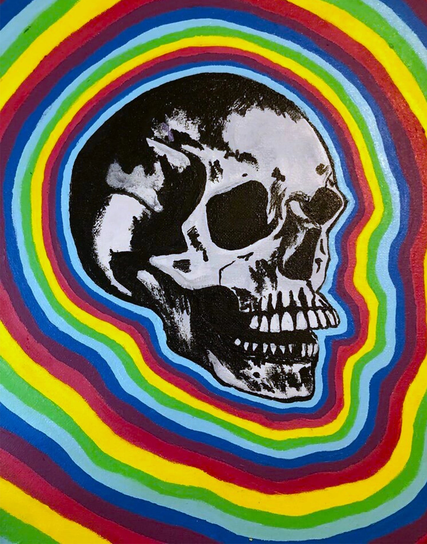 painting of a skull with a rainbow background