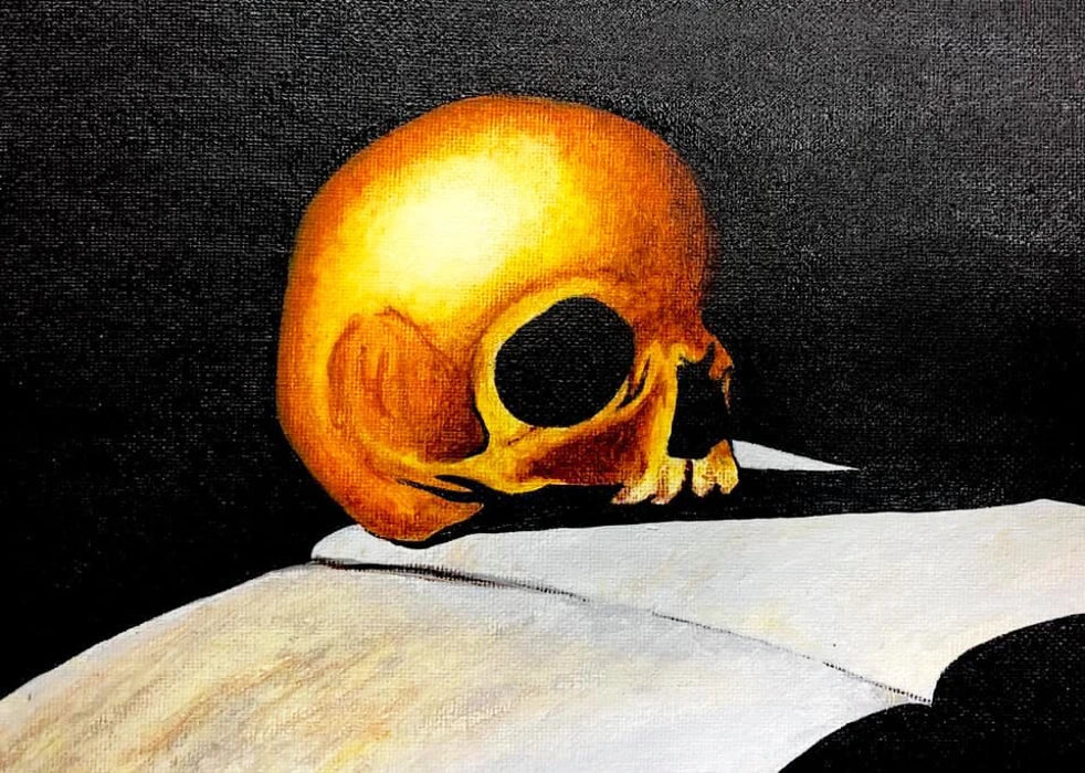 Painting of a yellowed skull set on an open book, casting a long black shadow. The colors on the skull are rich and deep. 