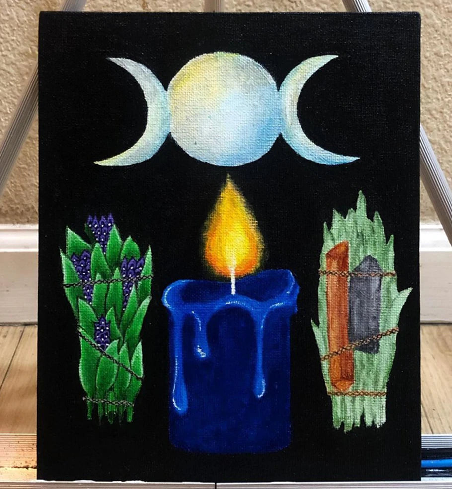 Painting of a dark blue candle and a smudge bundle on each side, one is lavender, the other is white sage with a smokey quartz. Above these is a triple moon symbol.