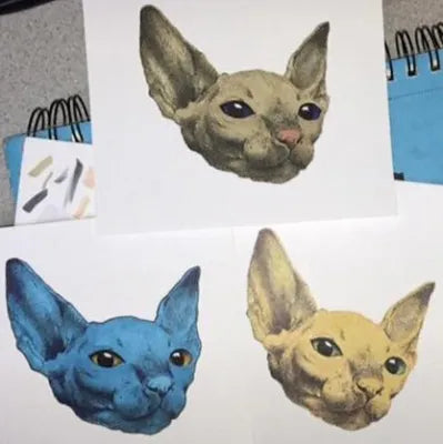 3 prints of sphynx (hairless)  cat drawings, colored with Copic markers by Micro Mortalis. The top is a muted tan, bottom right is lighter and more yellow-toned, and  bottom left is medium blue with golden eyes. 