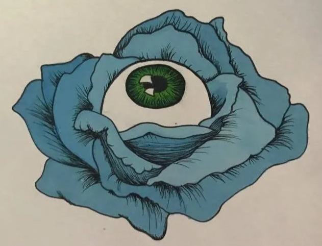 drawing of a blue rose with an eyeball in the center. the green eye is looking up. 