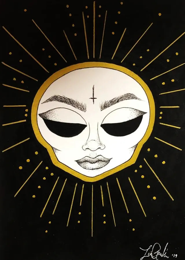 Drawing of a face with extremely large eyes but with no eyeballs, just the illusion of eyes being closed. The face is outlined in metallic gold with lines and dots of gold shooting out around it.  The  painted black background creates bold contrast.